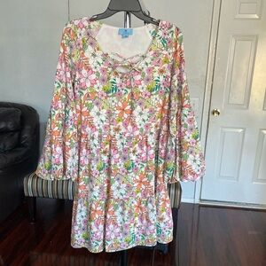 CeCe Floral Printed Lace-Up Tiered Dress S XS Balloon Sleeve Lined boho ￼ W-21